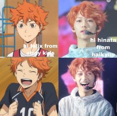 four different anime characters, one with red hair and the other with orange hair smiling