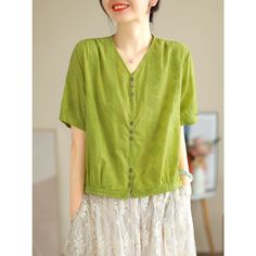 Details: Gender: Women Item Type: Blouse Material: Cotton Pattern Type: Figured Season: Summer Style: Leisure, Daily, Retro Occasion: Going Out, Daily Size: One Size Length: 54.00 cm/ 21.26 " Bust: 116.00 cm/ 45.67 " Shoulder: 54.00 cm/ 21.26 " Sleeve: 40.00 cm/ 15.75 " Cuff: 32.00 cm/ 12.60 " Non-stretch Summer Blouse With Buttons, Summer Non-stretch Button-up Blouse, Non-stretch Summer Button-up Blouse, Non-stretch Button-up Summer Blouse, Green Non-stretch Short Sleeve Blouse, Green Non-stretch Short Sleeve Tops, Green V-neck Shirt For Spring, Green Cotton V-neck Blouse, Green Summer Blouse For Daywear