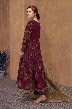 Maroon Indian Dress, Maroon Contrast Colour Dress, Maroon Indian Outfit, Wine Pakistani Dress, Maroon Maxi Dress Pakistani, Long Frocks, Organza Dupatta, Maroon Color, Organza Fabric