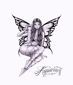 a drawing of a fairy sitting on the ground with her legs crossed and wings spread