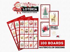 christmas themed watercolor designs with santa claus and reindeers on the side, including matching cards