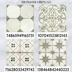 four different types of tiles with numbers and symbols on them, all in various colors