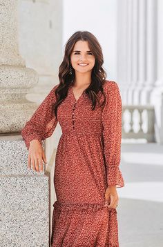 Kennedy Rust Floral Dress - DM Exclusive - Maternity & Nursing Friendly Wearing Dresses Everyday, Elementary School Teacher Outfits, Sister Missionary Dresses, School Teacher Outfits, Modest Floral Dress, Cloth Buttons, Nursing Dresses, Ivory Lace Top, Conservative Dresses