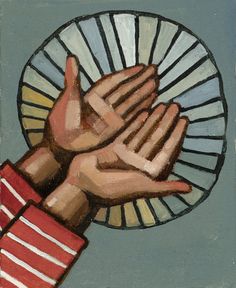 a painting of two hands holding each other over a plate with blue sky in the background