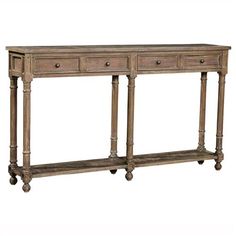 an old wooden console table with two drawers