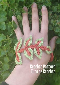 CROCHET PATTERN: Crocheted Palm (Hand) Bracelet (Cuff) with Ring and Leaf Branch for Women Crochet pattern explaining how to create this palm (hand) bracelet (cuff), an original jewelry, perfect for every day wear or holidays and ceremonies. Crocheted with wire, it keeps its form perfectly. Comfortable to wear thanks to its plastic ring to be put on the thumb to ensure a perfect hold, this hand jewelry piece embellish your palm and give it an original touch. I used a plastic ring that can be easily found on the most of water bottles necks as I love creative reuse and upcycling. Used yarn: 2 colors of Alison&Mae mini balls 100% cotton (10gr/25m) or any other equivalent. Needed materials: no3,5 mm crochet hook; 0,5 mm metal wire. Do not hesitate to ask questions before purchasing my patterns Crochet Ring, Crochet Rings, Hand Palm, Womens Crochet Patterns, Crochet Butterfly, Plastic Ring, Hand Bracelet, Bracelet Cuff, Original Jewelry