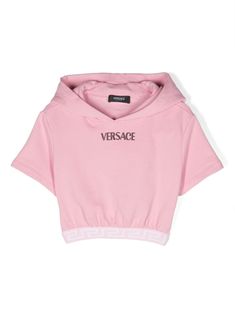 pink stretch-cotton logo embellishment signature Greca detailing classic hood short sleeves elasticated logo waistband cropped French terry lining Luxury Pink Cropped Tops, Pink Cropped Crew Neck T-shirt For Streetwear, Pink Cotton Cropped T-shirt For Streetwear, Luxury Pink Cropped Jacket, Pink Cropped Hoodie, Girls Hoodie, Versace Shirts, Versace Kids, Versace Logo