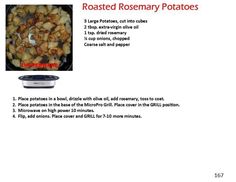 the recipe for roasted rosemary potatoes is shown in red and white text, along with instructions on how to cook them