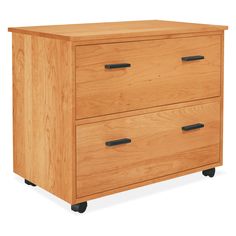 a wooden dresser with two drawers and black handles on it's wheels, against a white background