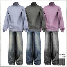 three men's sweaters and pants are shown in four different colors, with the same