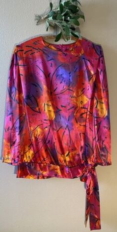 Vtg Toni Todd Blouse Size 16 Red Pink Long Sleeve Colorful Abstract Tie Waist  | eBay Red Tops With Vibrant Print For Fall, Fitted Blouse With Vibrant Print, Vibrant Red Tops For Fall, Vibrant Red Top For Fall, Red Blouse With Vibrant Print For Spring, Red Blouse With Vibrant Print For Fall, Vibrant Fitted Long Sleeve Tops, Fitted Pink Blouse With Vibrant Print, Vibrant Long Sleeve Fitted Top