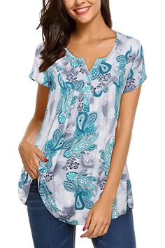 Womens Henley, Flowy Tunic, Fitted Tunic, Casual Tunics, Short Sleeve Shirt Women, Short Sleeve Tunic, Floral Print Shorts, Tunic Shirt, Tunic Blouse