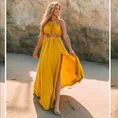 Beautiful Yellow Maxi Dress With Cutout Sides. Halter Closure, 100% Rayon, And Size Small. Makes For The Perfect Lightweight Summer Dress. Gold Halter Neck Maxi Dress For Summer, Yellow Halter Neck Sundress For Beach Season, Yellow Halter Neck Sundress For Party, Yellow Maxi Dress For Brunch During Beach Season, Chic Mustard Dresses For Beach, Chic Yellow Halter Neck Maxi Dress, Yellow Sleeveless Sundress For Summer Parties, Chic Yellow Sundress For Beach, Yellow Sundress For Summer Parties