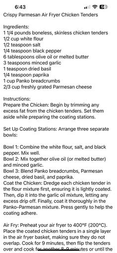 the recipe for chicken tenders is shown in black and white, with an orange background