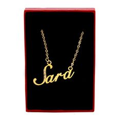 SARA Gold Tone Name Necklace With Crystals - Personalized Jewellery - Free Gift Box & Bag Included Name Chain, Bts Merch, Custom Name Necklace, Box Bag, Personalize Bag, Custom Necklace, Christmas Gifts For Her, Gold Plated Chains, Custom Bags