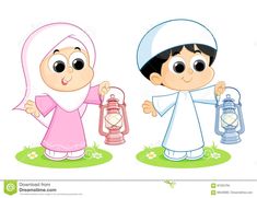 two children dressed in muslim garb and holding lantern stock photo - image 349874