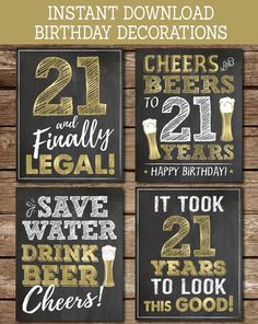 Beers theme 21st Birthday Party Signs for guys. Gold and white on a chalkboard-effect background. Theme 21st Birthday Party, Guy Party Themes, 21 Birthday Ideas For Guys Decorations, 21st Birthday Signs, Cheers To 21 Years, 21 Birthday Party Decorations, 21st Birthday Themes, Birthday Cocktail Party, 21st Birthday Sign