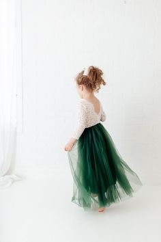 White Lace Flower Girl Dress Hunter Green Tulle Long Sleeve | Etsy Hunter Green Flower Girl Dress, Christmas Flower Girl Dresses, Dark Green Flower Girl Dresses, Emerald Flower Girl Dress, Emerald Green Tulle Dress, Teal Tulle Dress, Emerald Green Flower Girl Dress, Winter Flower Girl Dresses, Infant Flower Girl