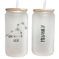 two white mason jars with straws in them and the words melaene leo