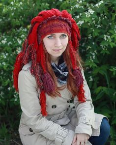 Winter Crochet Red Shaman Hat Festival Headdress With | Etsy Ukraine Hand Knitted Yarn Festival Hats, Bohemian Beanie Crochet Hat, Festival Hand Knitted Yarn Hats, Bohemian Knitted Yarn Hats, Festival Hand-knitted Yarn Hats, Bohemian Hand Knitted Crochet Hat, Bohemian One-size Crochet Hat, Winter Bohemian Yarn Hat, Bohemian Yarn Hats For Winter