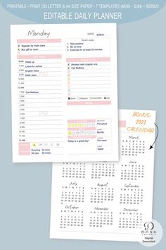 the editable daily planner is shown in pink and yellow