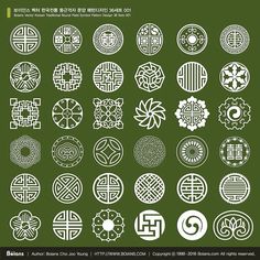 an image of various circular designs in white on green background, with the text written below it