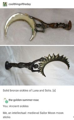 two different types of metal items on a white sheet with the caption'cold bronze sticks of luna and solis '