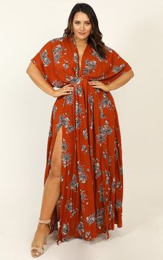 Burnt Orange & Navy Blue Plus Size Maxi Dresses, Floral Print Boho Maxi Dress As Beach Cover-up, Summer Boho Print V-neck Maxi Dress, Summer Maternity Maxi Dress With Floral Print, High Low Dress Formal, Orange V-neck Boho Print Maxi Dress, Bohemian Maxi, Dress Plus Size, Night Out Dress