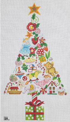 a cross stitch christmas tree with many different things on it's top and bottom