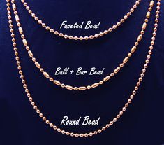 "~  Solid Copper Ball Chain ~ Three Individual Copper Ball Chain Necklaces Chain size is 3.2mm / #6 Ball Chain    One 24\" necklace of  each of the following styles: Round Ball Chain Faceted Ball Chain Ball and Bar Ball Chain Photos on display show the chain at different lengths. Each chain is 24\" so they will all fall at same spot. Easily shortened for a layered look. Stack em up with other sizes or metals of my ball chain. Wrap around wrist or anklet. Need an extra connector or 2?  no prob, j Necklaces Chain, Ball Chain Necklace, Ball Necklace, Copper Chain, Chain Necklaces, Pure Copper, Ball Chain, Faceted Bead, Chains Jewelry