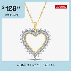 Features: In A Gift Box, Certified DiamondsDiamond Clarity: I2-I3Jewelry Closure: Spring Ring ClaspSetting: ProngShape: HeartStone Cut: RoundDiamond Color: G-HMetal Color: YellowChain Length: 18 InchPendant Length: 25.2mmPendant Width: 22mmRounded Carat Weight: 1/2 Ct. T.w.Chain Construction: RopeCare: Wipe CleanStone Type: 74 Lab Grown DiamondAuthenticity: Lab Grown DiamondBirthstone: April BirthstoneMetal: 14k Gold Over Silver, Sterling SilverNecklace Type: Pendant NecklacesCountry of Origin:… Yellow Gold Heart Necklace For Anniversary, Stamped 14k Gold Necklace For Valentine's Day, 14k Stamped Heart Pendant Necklace, Valentine's Day 14k Gold Stamped Necklace, Stamped 14k Necklace For Valentine's Day, Valentine's Day Single Diamond Heart Pendant Necklace, Valentine's Day Diamond Heart Pendant Necklace With Prong Setting, Heart Pendant Diamond Necklace With Accents For Valentine's Day, Valentine's Day Heart Pendant Necklace With Diamond Accents