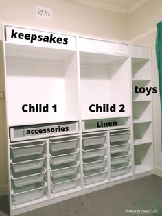 the shelves are labeled with different types of toy storage bins and baskets on them