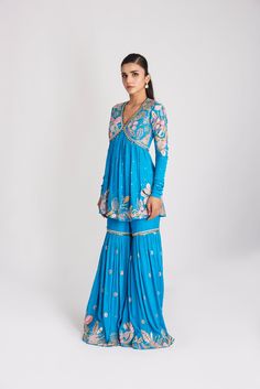 Kinfolk Cyan Blue applique embellished mulberry crepe kurta,gharara with organza dupatta .From Aisha Rao's Kinfolk collection. DELIVERY TIMEPlease allow 6-8 weeks for your outfit to arrive. FABRIC DETAILSCrepe Professional cleaning only. Cyan Blue, Change Image, Organza Dupatta, Professional Cleaning, 8 Weeks, Yin Yang, Body Measurements, Fabric, Blue