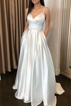 Prom Desses, Deb Dress, White Prom Dress Long, Spaghetti Strap Wedding Dress, White Dress Formal, Debutante Ball, Evening Dress Long, Deb Dresses, Wedding Dress With Pockets