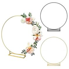 a white and pink flower headband with gold metal stand, two circular mirrors and one round