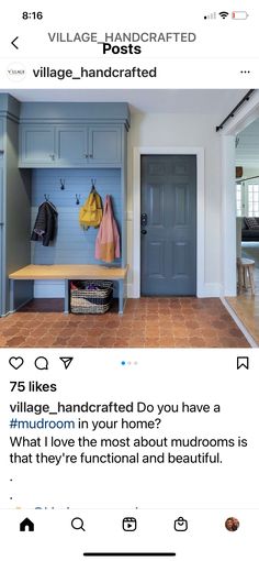 an instagramted post from the village - handcrafted website, featuring a blue entryway and mudrooms