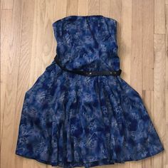 Blue Strapless Dress With Unique Pattern And Soft Slip Underneath, Comes With Faux Leather Black Belt - Excellent Condition; Never Worn Blue Strapless Dress For Spring, Blue Lined Mini Dress For Casual Occasions, Blue Lined Mini Dress For Casual Wear, Casual Fitted Blue Strapless Dress, Strapless Blue Dress For Date Night, Blue Strapless Lined Dress For Spring, Blue Strapless Dress For Date Night, Casual Blue Strapless Dress For Party, Blue Casual Strapless Dress