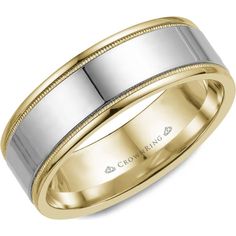 CrownRing Men's Wedding Band - Polished Center with Polished Gold Edges and Milgrain Detailing in 14K White Gold and Yellow Gold - 8mm Width from the Classic Collection Classic Wedding Band, Classic Wedding Rings, Yellow Gold Wedding Band, Jewelry Appraisal, Diamond Education, Womens Wedding Bands, Jewelry Repair, Custom Jewelry Design, Classic Wedding