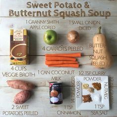 the ingredients for sweet potato and butternut squash soup laid out on a wooden table