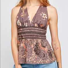 Free People Smocked / Ruched Halter Floral Tank, Brand New With Tags And In Perfect Condition. Feel Free To Make Offers! Bohemian Sleeveless Halter Top With Floral Print, White Tie Front Top, Baby Tank Tops, Floral Ruffle Top, Free People Tank Top, Free People T-shirts & Tank Tops, Women Floral Blouse, Tiered Tops, Free People Tunic