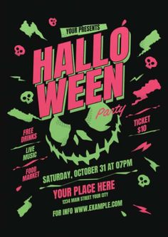 a halloween party flyer with an image of a skull on the front and green lettering