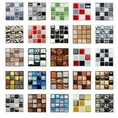 an assortment of different colored glass tiles on a white background, all arranged in squares and rectangles