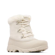 Brave the cold weather conditions with the comfort, warmth and protection of these women’s Sorel Snow Angle chalk/light clay (white) winter boots. Crafted with a waterproof suede upper, these boots have a round toe and lace-up closure. A faux fur cuff, microfleece lining, and 200g insulation keep your warm and toasty while a removable EVA footbed with textile sockliner keeps you light on your feet. Other features include an EVA midsole, injection molded waterproof thermal rubber shell to keep fe Trendy Winter Boots, White Winter Boots, Cute Winter Boots, Sorel Winter Boots, Preppy Winter, Light Clay, Warm Winter Boots, Snow Angel, Sorel Boots