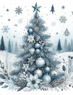 a christmas tree with ornaments and snowflakes on it in the middle of a snowy landscape