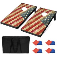 an american flag themed cornhole game set with blue and red dice holders, black carrying bag, and two matching beanbag tossers