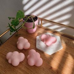 pink candles sitting on top of a table next to a potted plant