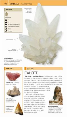 an info sheet showing the different types of rocks and their uses in rock formation, including calcitte