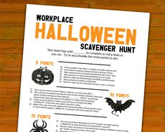 a printable work place halloween scavenger hunt is shown on a wooden table