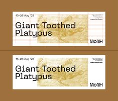 two banners with the words giant toothed platypus and an image of a fish