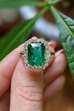 a woman's hand holding an emerald and diamond ring with leaves in the background